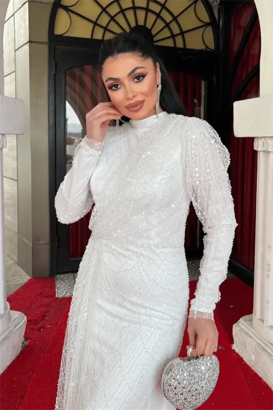 Full Boncuklu Tesettür Elbise - BEYAZ - 4