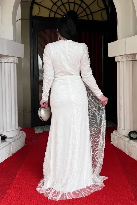 Full Boncuklu Tesettür Elbise - BEYAZ - 5