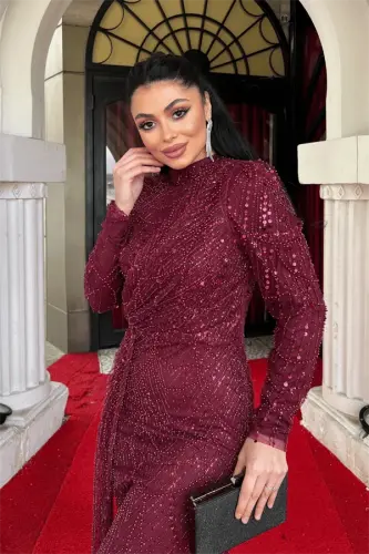 Full Boncuklu Tesettür Elbise - BORDO - 3