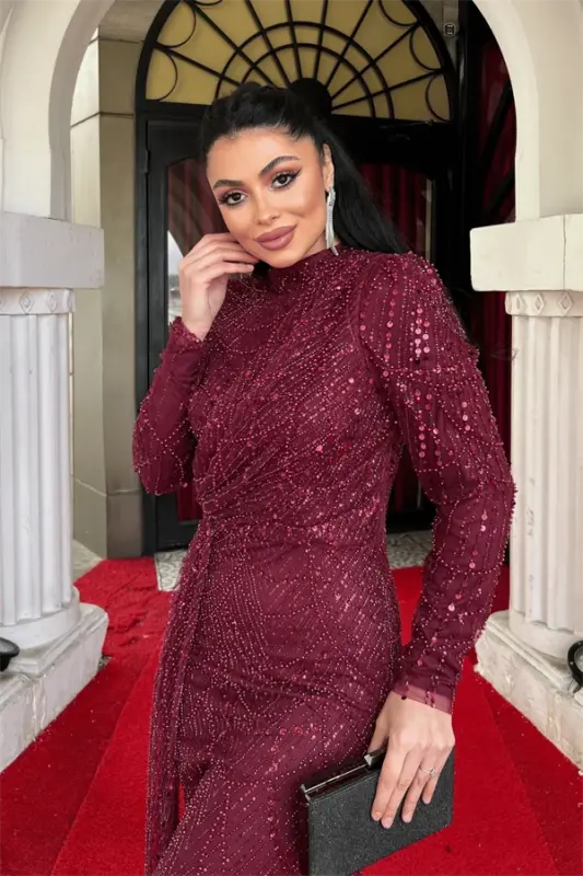 Full Boncuklu Tesettür Elbise - BORDO - 3