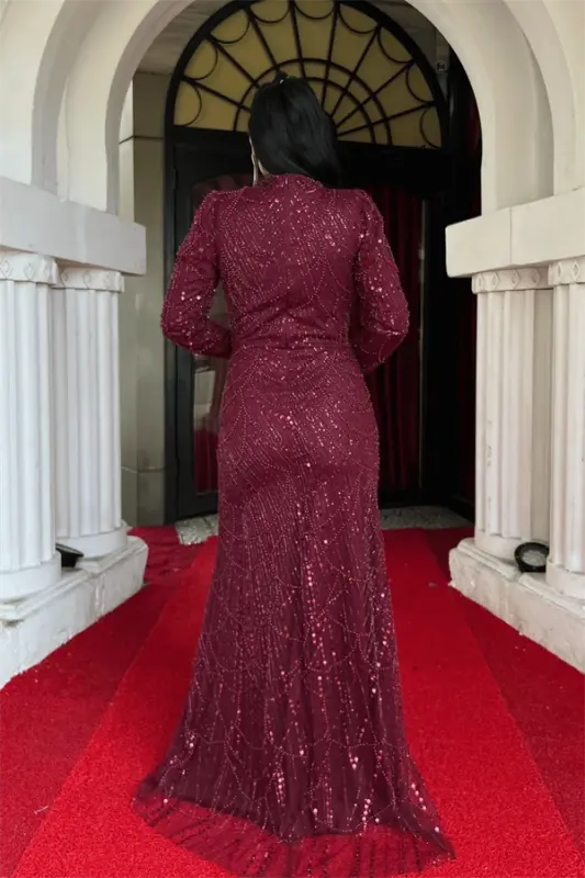 Full Boncuklu Tesettür Elbise - BORDO - 5