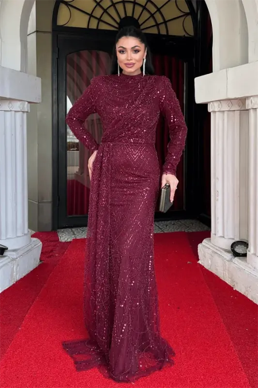 Full Boncuklu Tesettür Elbise - BORDO - BÜYÜKBEDENIZ