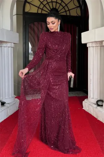 Full Boncuklu Tesettür Elbise - BORDO - BÜYÜKBEDENIZ (1)