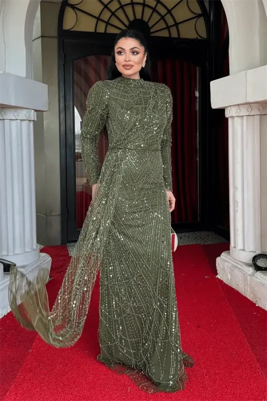 Full Boncuklu Tesettür Elbise - HAKİ YEŞİLİ - 2