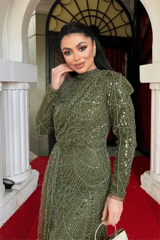 Full Boncuklu Tesettür Elbise - HAKİ YEŞİLİ - 3