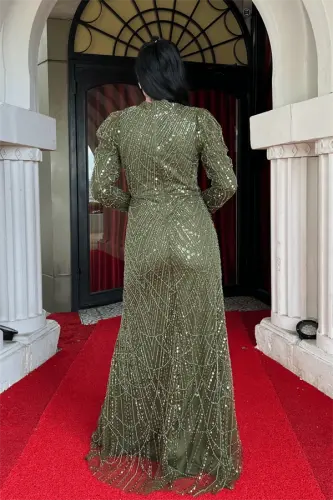 Full Boncuklu Tesettür Elbise - HAKİ YEŞİLİ - 5