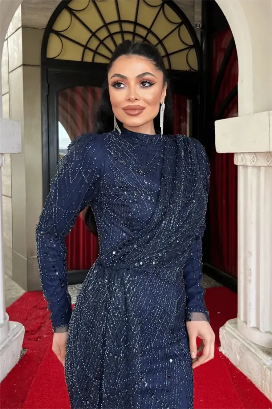 Full Boncuklu Tesettür Elbise - LACİVERT - 3