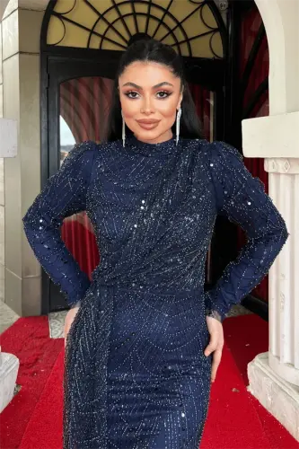 Full Boncuklu Tesettür Elbise - LACİVERT - 4