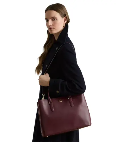Full-Grain Leather Large Marcy Satchel Bag - Dark Garnet - 3