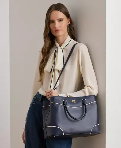 Full-Grain Leather Large Marcy Satchel Bag - Navy/White - LAUREN RALPH LAUREN (1)
