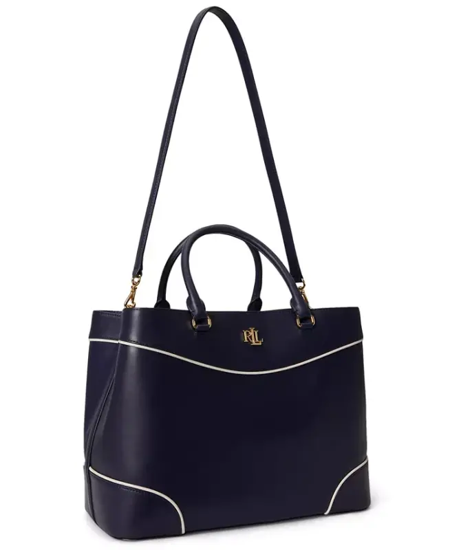 Full-Grain Leather Large Marcy Satchel Bag - Navy/White - 5