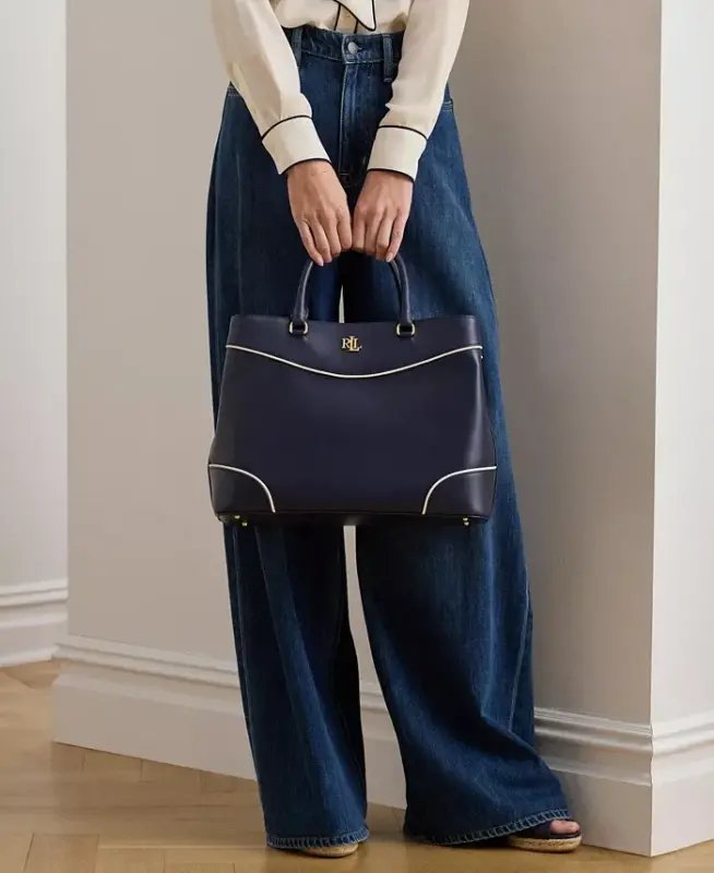 Full-Grain Leather Large Marcy Satchel Bag - Navy/White - 3