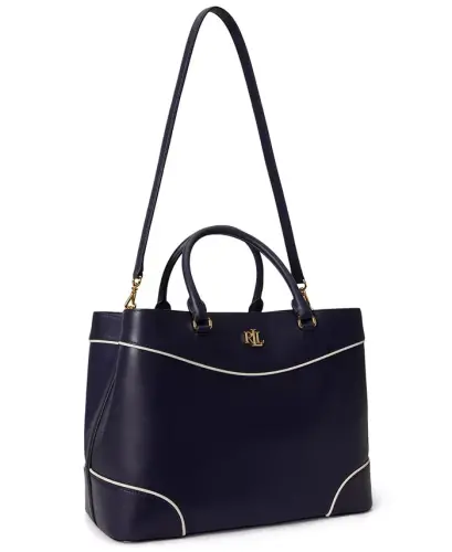 Full-Grain Leather Large Marcy Satchel Bag - Navy/White - 5