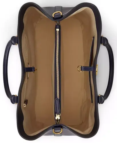 Full-Grain Leather Large Marcy Satchel Bag - Navy/White - 6