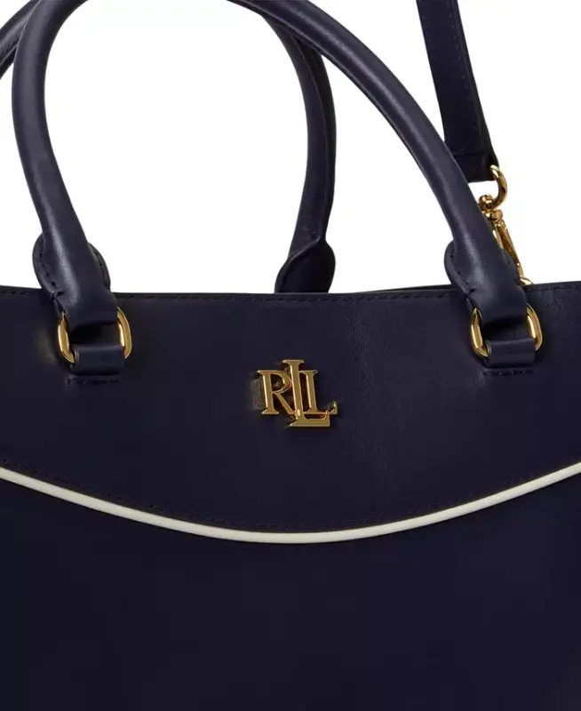 Full-Grain Leather Large Marcy Satchel Bag - Navy/White - 7