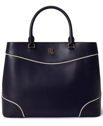 Full-Grain Leather Large Marcy Satchel Bag - Navy/White - 1