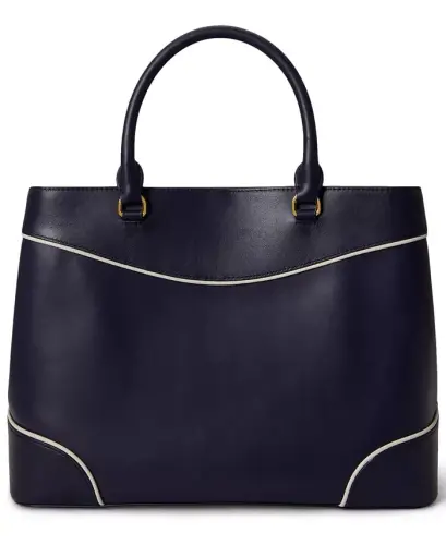 Full-Grain Leather Large Marcy Satchel Bag - Navy/White - 4