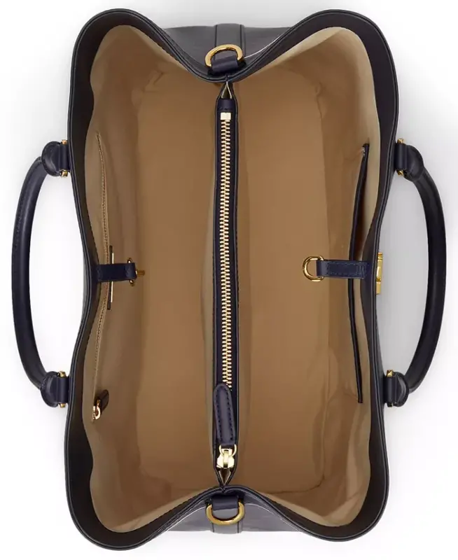 Full-Grain Leather Large Marcy Satchel Bag - Navy/White - 6