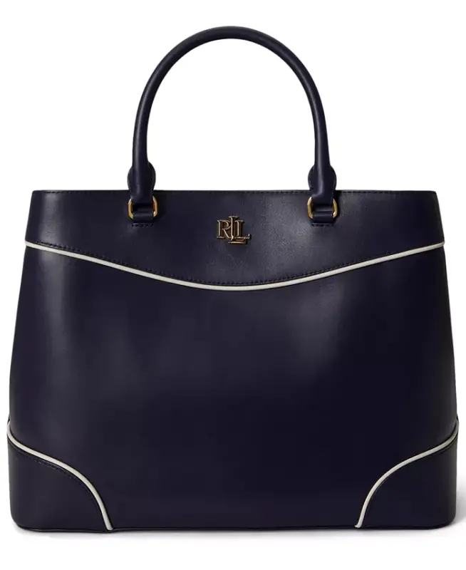 Full-Grain Leather Large Marcy Satchel Bag - Navy/White - 1