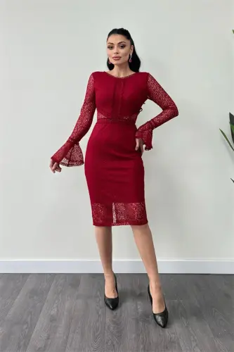 Full Lace Fabric Sleeve Ruffle Pencil Dress - RED - 2