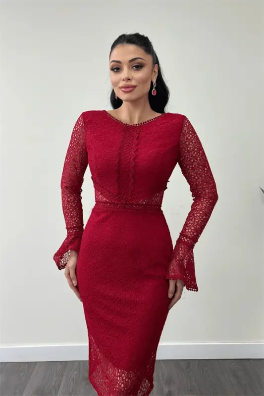 Full Lace Fabric Sleeve Ruffle Pencil Dress - RED - 3