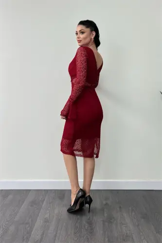 Full Lace Fabric Sleeve Ruffle Pencil Dress - RED - 5