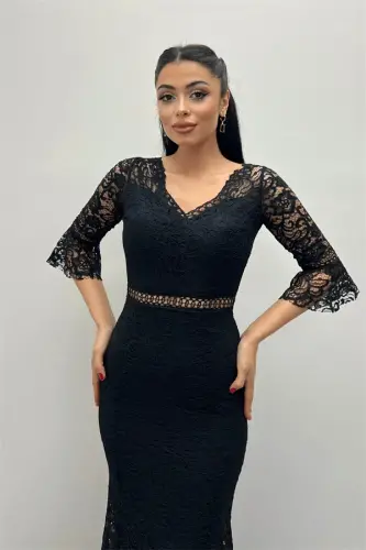 Full Lace Mermaid Dress - BLACK - 3