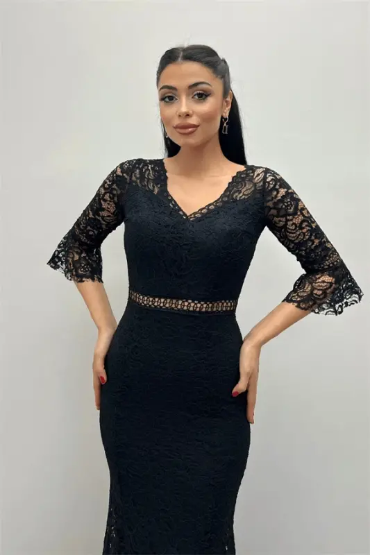 Full Lace Mermaid Dress - BLACK - 3