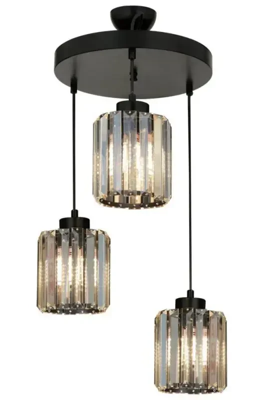 Full Moon 3-piece Pendant Black Cased Chandelier with Black Y-12 Stone - Black - İSTANBUL AVIZE