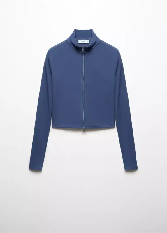 Full-zip high collar cardigan - Blue - 1