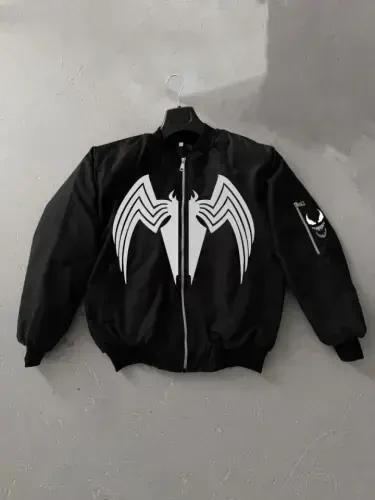 Full Zip Long Sleeve Printed Bomber Jacket - Black - BÜYÜKBEDENIZ (1)