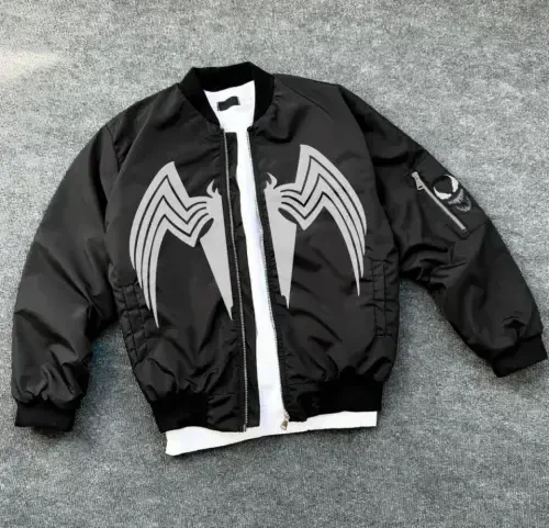 Full Zip Long Sleeve Printed Bomber Jacket - Black - 4