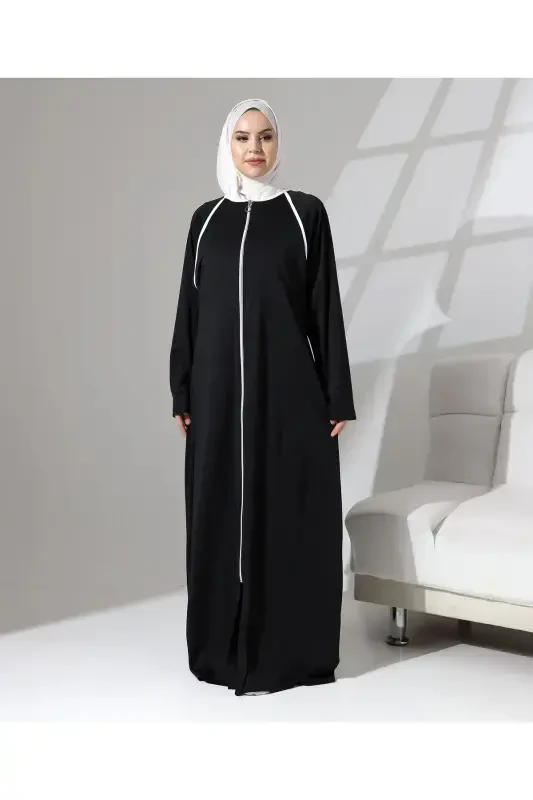 Full Zipper Closure Denim Daily Oversize Prayer Abaya - Black-Black - 1