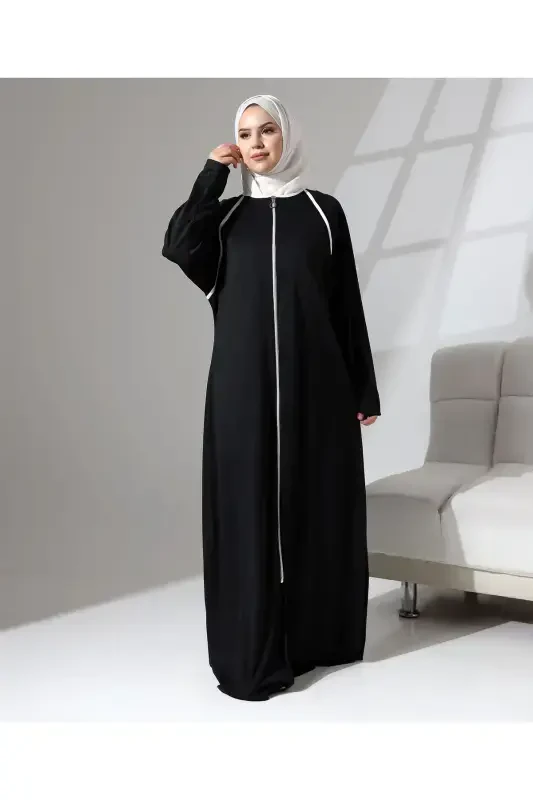 Full Zipper Closure Denim Daily Oversize Prayer Abaya - Black-Black - 2