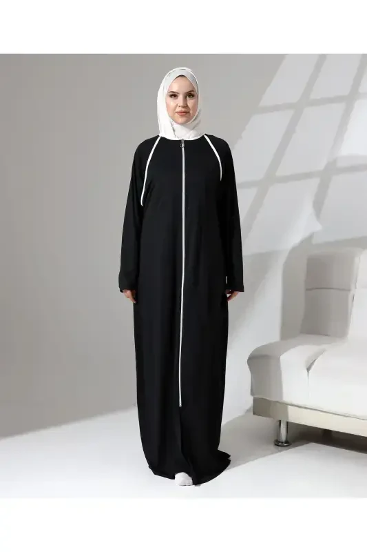 Full Zipper Closure Denim Daily Oversize Prayer Abaya - Black-Black - 3