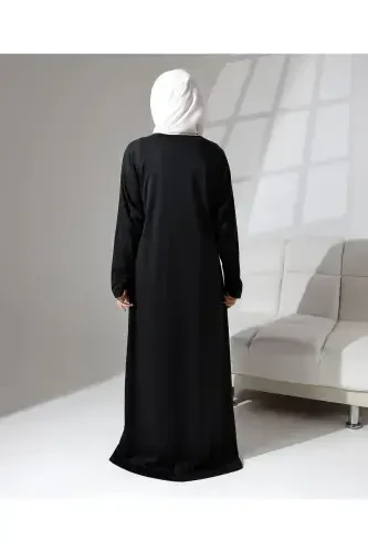 Full Zipper Closure Denim Daily Oversize Prayer Abaya - Black-Black - 4