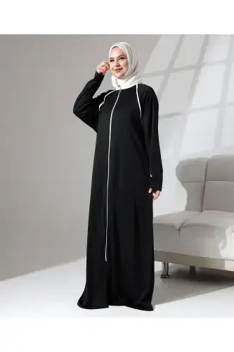 Full Zipper Closure Denim Daily Oversize Prayer Abaya - Black-Black - 5