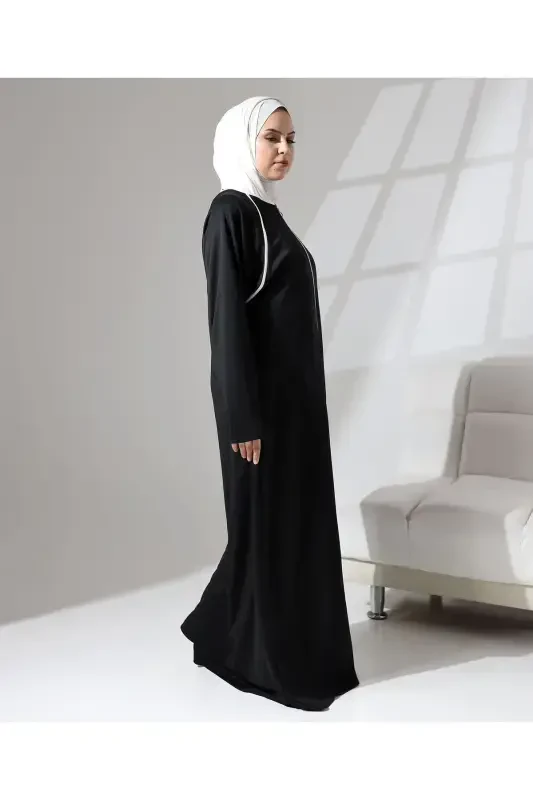 Full Zipper Closure Denim Daily Oversize Prayer Abaya - Black-Black - 6