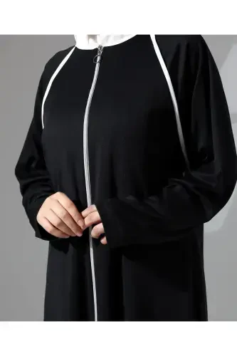 Full Zipper Closure Denim Daily Oversize Prayer Abaya - Black-Black - 7
