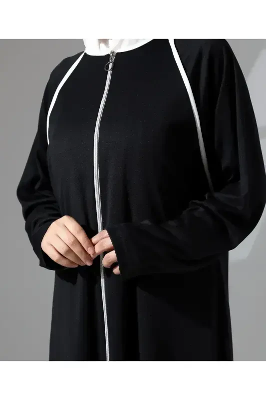 Full Zipper Closure Denim Daily Oversize Prayer Abaya - Black-Black - 7