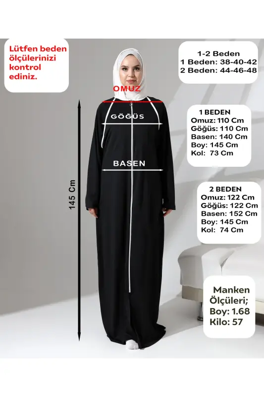 Full Zipper Closure Denim Daily Oversize Prayer Abaya - Black-Black - 3
