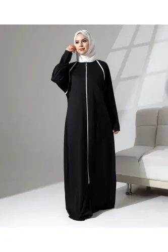Full Zipper Closure Denim Daily Oversize Prayer Abaya - Black-Black - 4