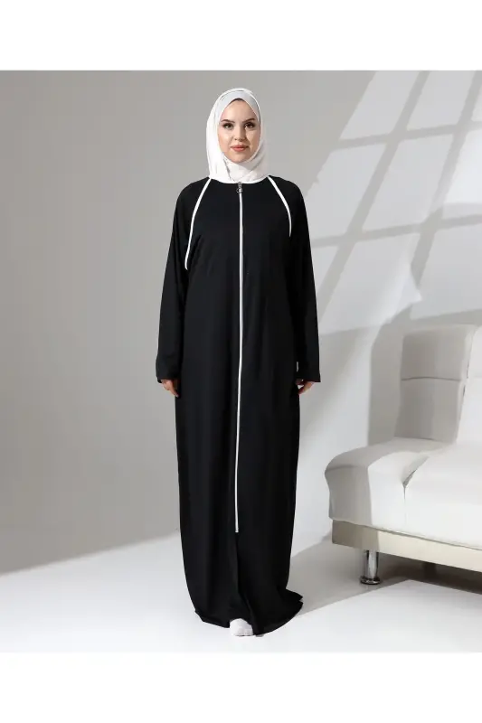 Full Zipper Closure Denim Daily Oversize Prayer Abaya - Black-Black - 5