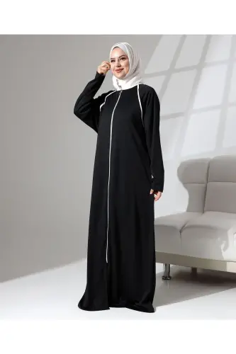 Full Zipper Closure Denim Daily Oversize Prayer Abaya - Black-Black - 7