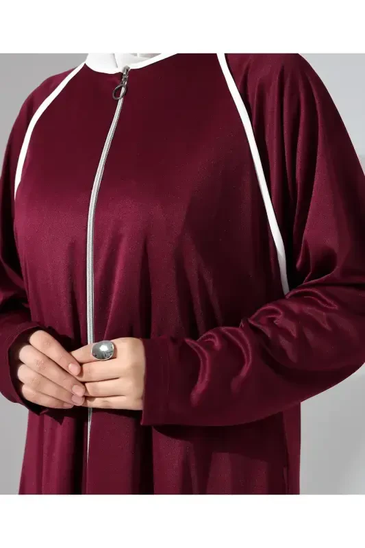 Full Zipper Denim Daily Oversize Prayer Abaya - Burgundy-Burgundy - 2