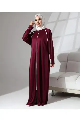 Full Zipper Denim Daily Oversize Prayer Abaya - Burgundy-Burgundy - 4