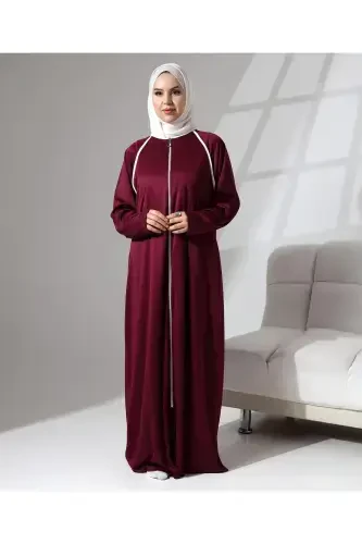 Full Zipper Denim Daily Oversize Prayer Abaya - Burgundy-Burgundy - 5