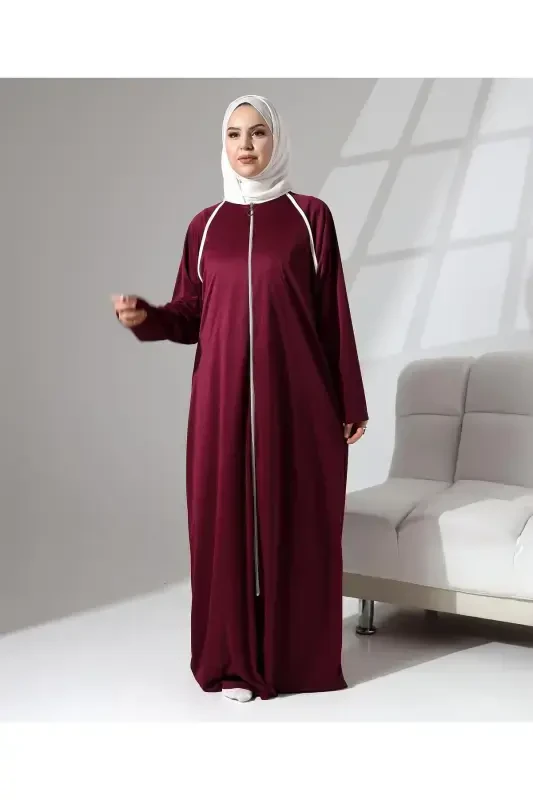 Full Zipper Denim Daily Oversize Prayer Abaya - Burgundy-Burgundy - 6