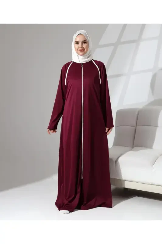 Full Zipper Denim Daily Oversize Prayer Abaya - Burgundy-Burgundy - 7