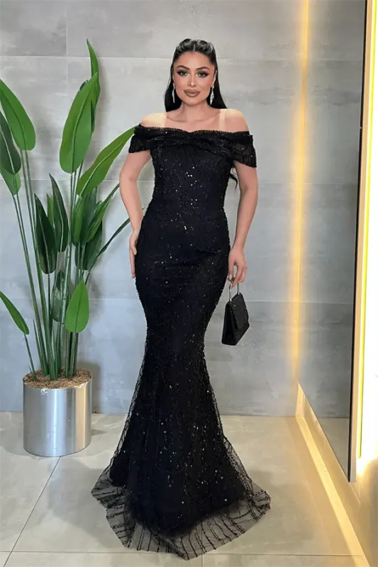 Fully Beaded Fabric Boat Neck Evening Dress - BLACK - BÜYÜKBEDENIZ